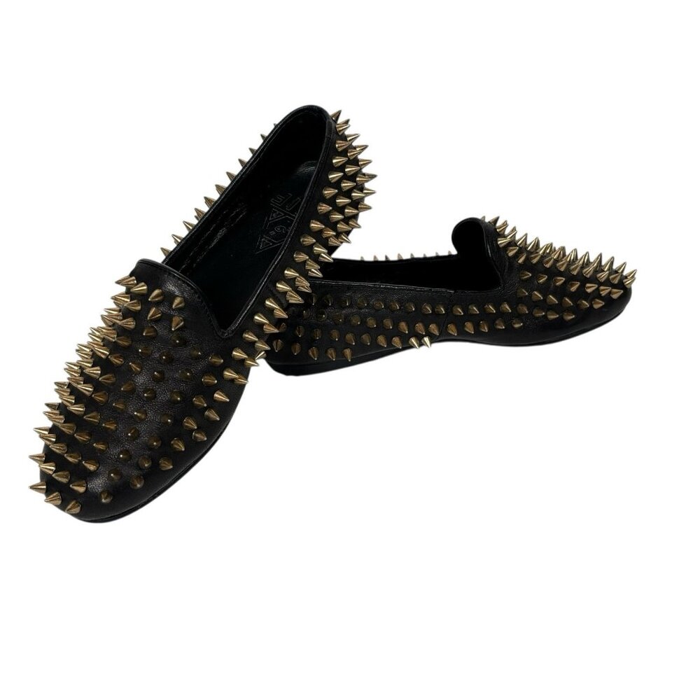 UNIF Hellraisers Womens 5 Spiked Flats Goth Punk Black Gold Leather Whimsigoth - Picture 7 of 8
